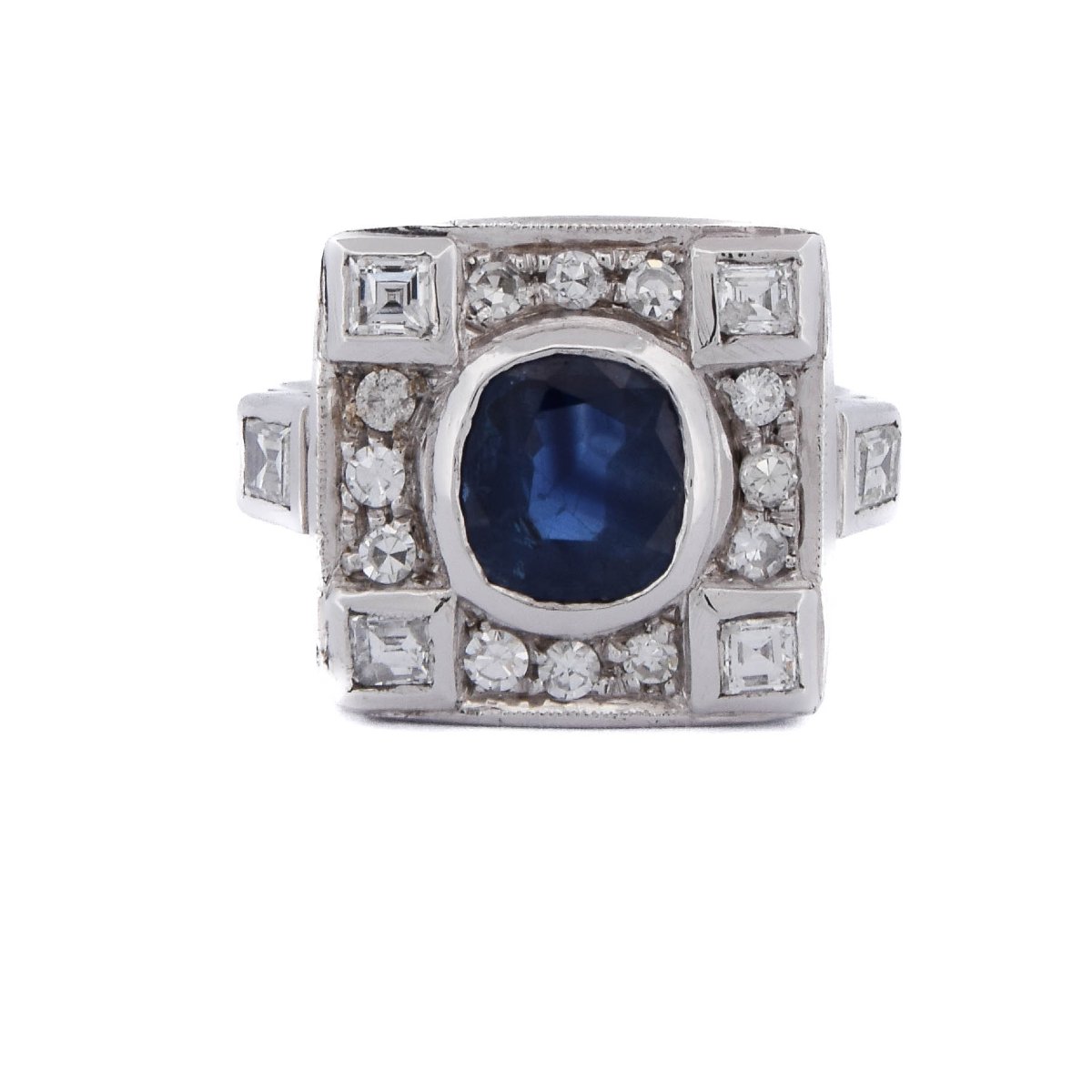 Bague Art Déco En Or 18k, Saphir Naturel Et Diamants    AN58 112-150 (00319)
