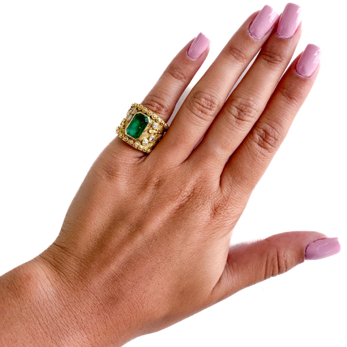 Bague Vintage En Or 18k, Émeraude Et Diamants   AN687 112-474 (05290)-photo-3