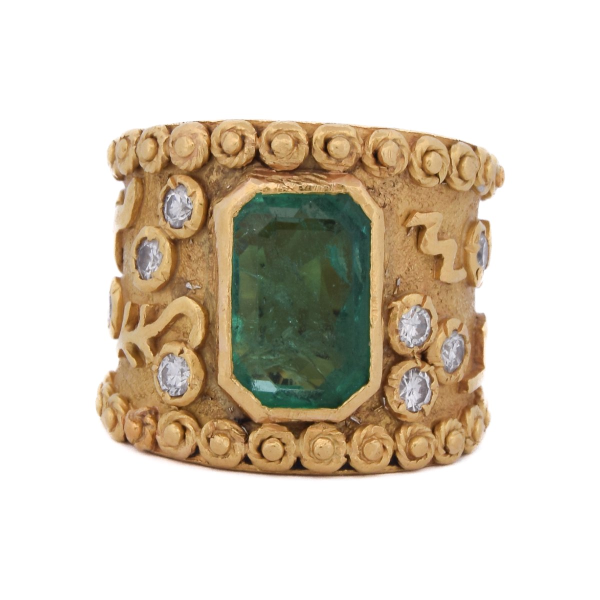 Bague Vintage En Or 18k, Émeraude Et Diamants   AN687 112-474 (05290)