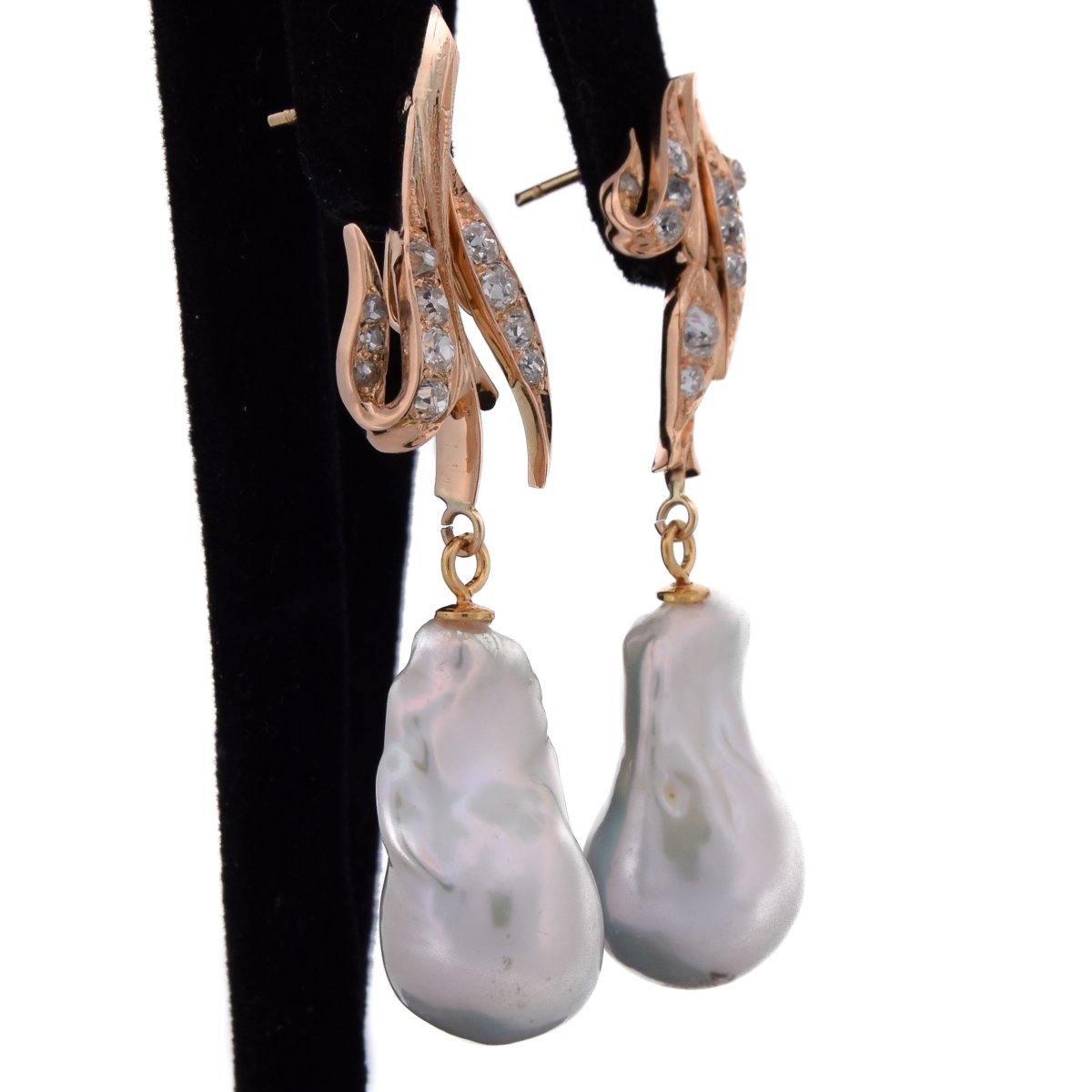 Boucles d’Oreilles Vintage en Or 18 Carats, Diamants Taille Ancienne et Perles Baroques Naturel-photo-2