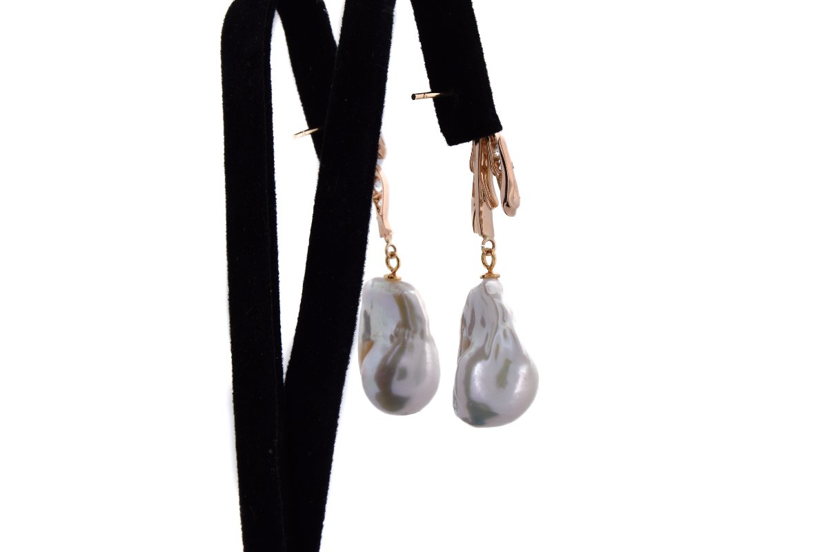 Boucles d’Oreilles Vintage en Or 18 Carats, Diamants Taille Ancienne et Perles Baroques Naturel-photo-3