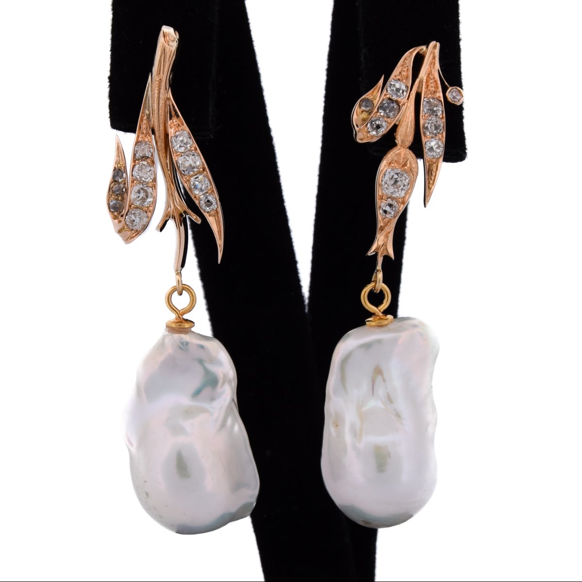 Boucles d’Oreilles Vintage en Or 18 Carats, Diamants Taille Ancienne et Perles Baroques Naturel