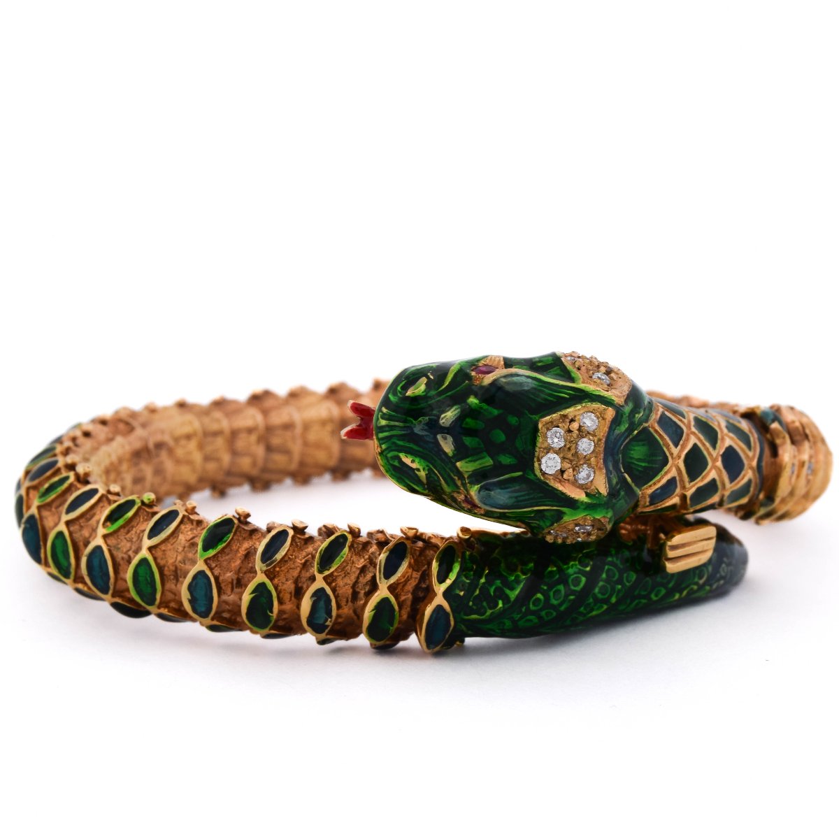 Bracelet Serpent Vintage des Années 1960 en Or 14 Carats, Émail Vert, Diamants et Rubis  BR136-photo-2
