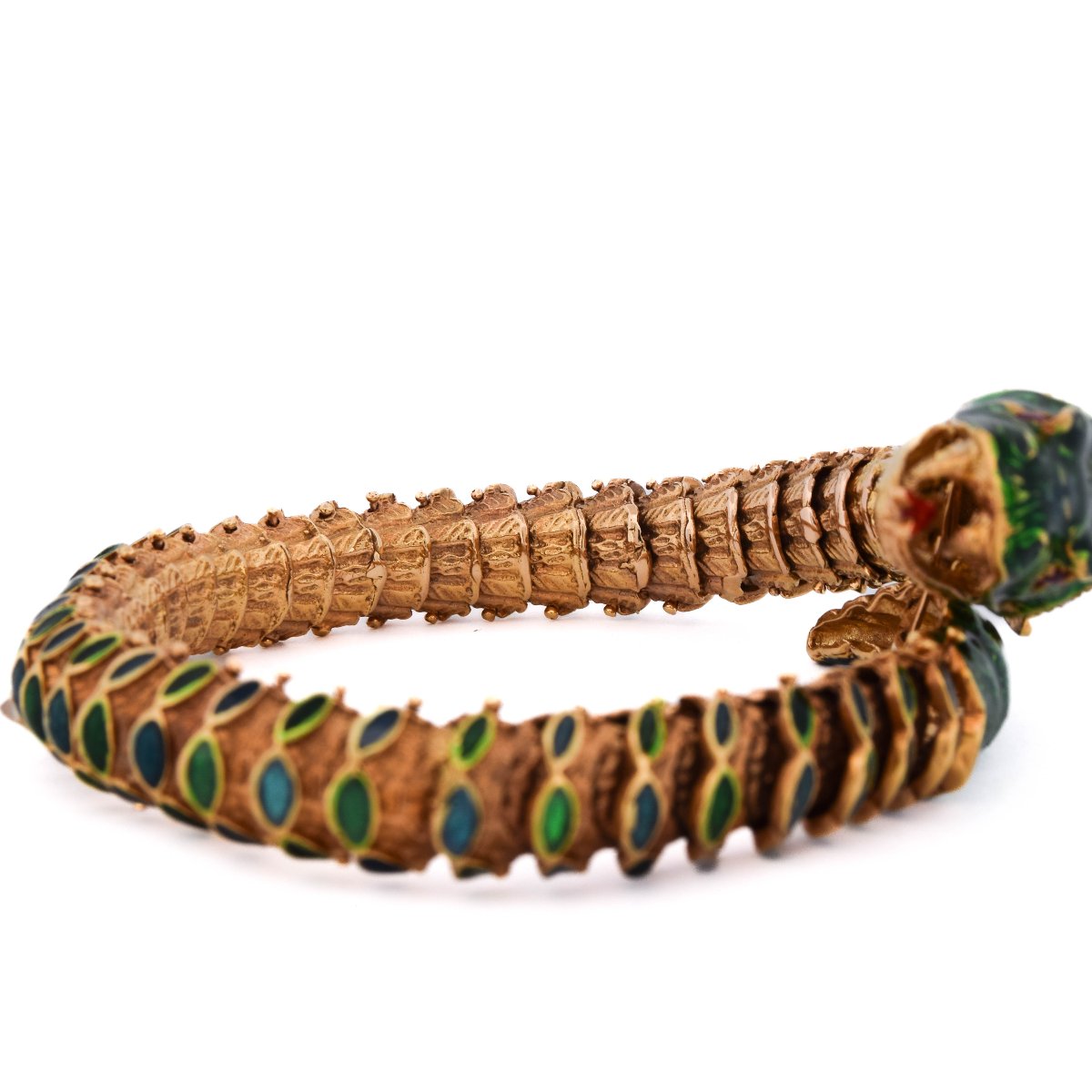 Bracelet Serpent Vintage des Années 1960 en Or 14 Carats, Émail Vert, Diamants et Rubis  BR136-photo-3
