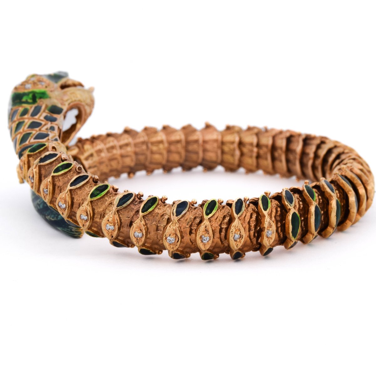 Bracelet Serpent Vintage des Années 1960 en Or 14 Carats, Émail Vert, Diamants et Rubis  BR136-photo-1