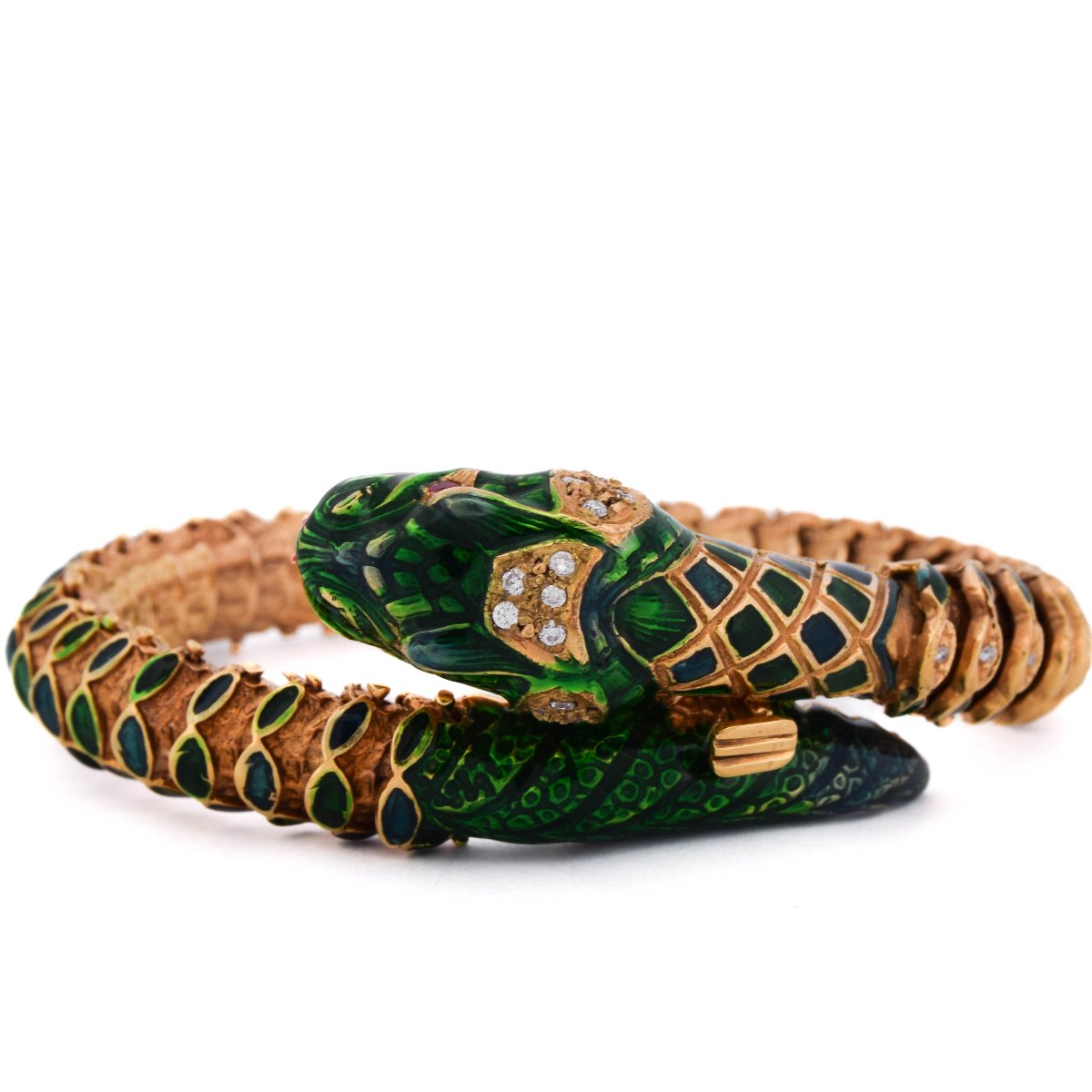 Bracelet Serpent Vintage des Années 1960 en Or 14 Carats, Émail Vert, Diamants et Rubis  BR136