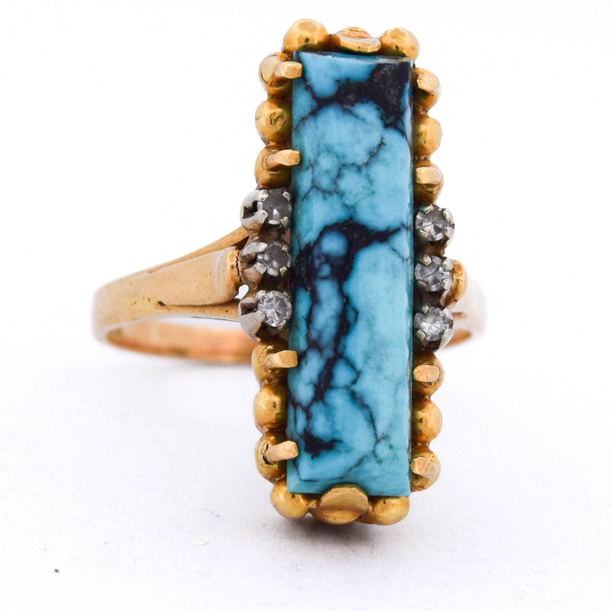 18-kt Yellow Gold Vintage Ring With Natural Turquoise And Diamonds-photo-2