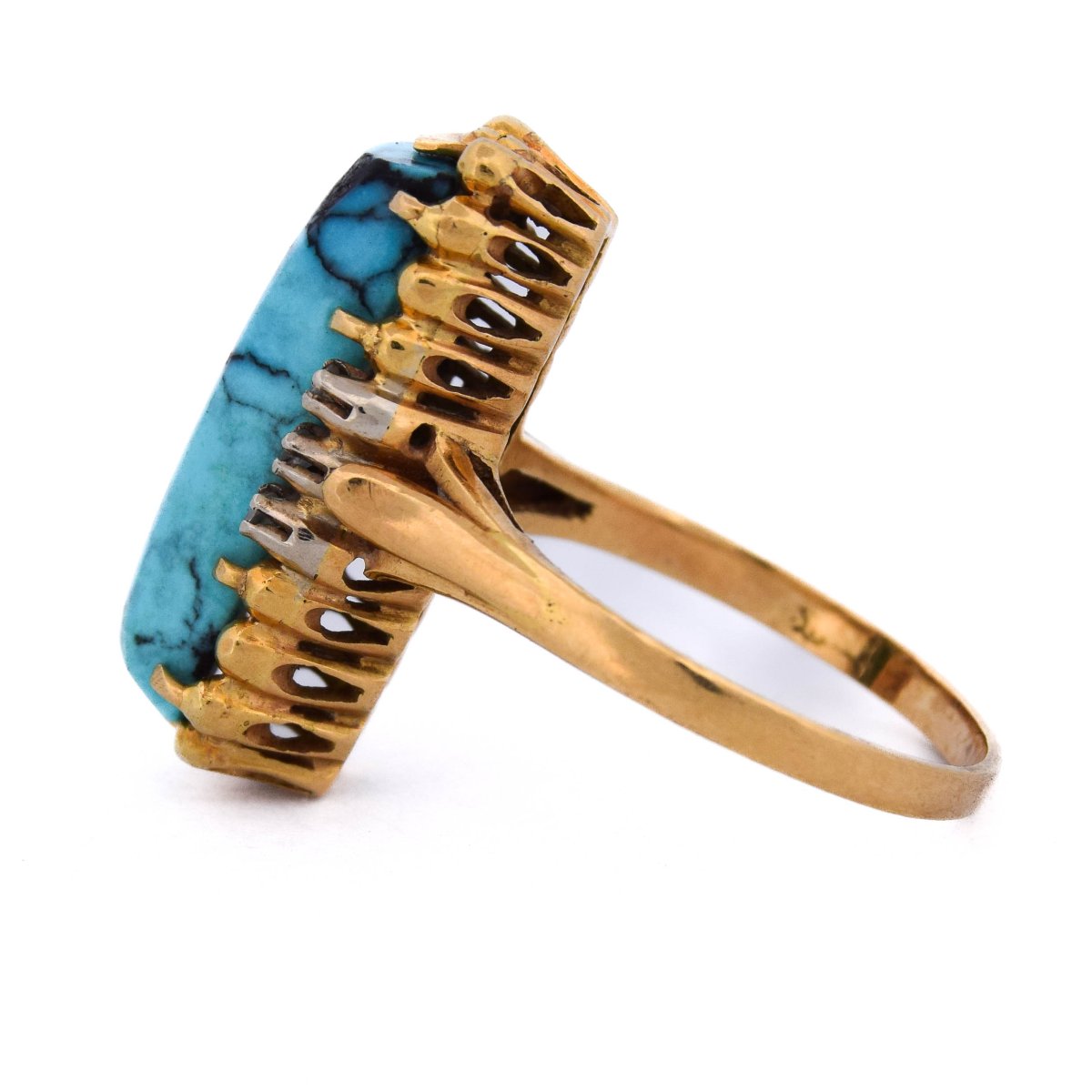 18-kt Yellow Gold Vintage Ring With Natural Turquoise And Diamonds-photo-2