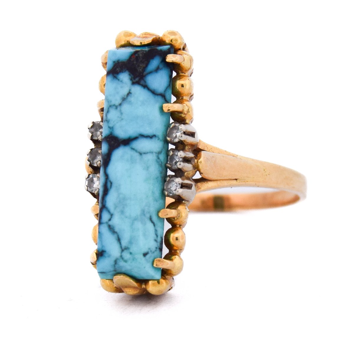 18-kt Yellow Gold Vintage Ring With Natural Turquoise And Diamonds-photo-3