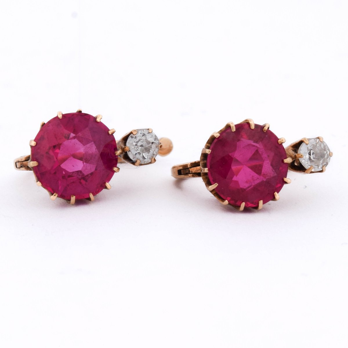 Boucles d’Oreilles Vintage en Or 18 Carats avec Rubis et Diamants Taille Ancienne-photo-3
