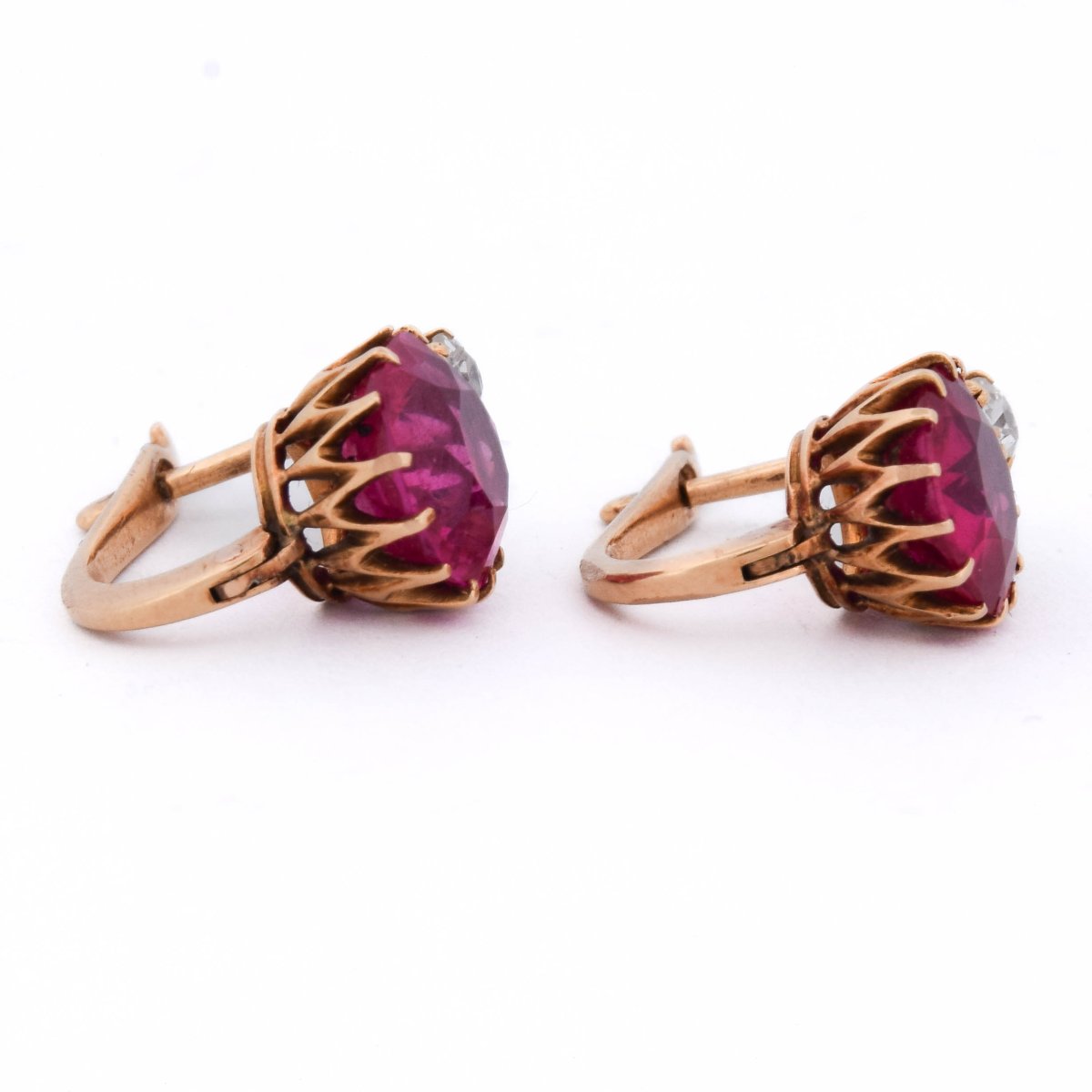 Boucles d’Oreilles Vintage en Or 18 Carats avec Rubis et Diamants Taille Ancienne-photo-1