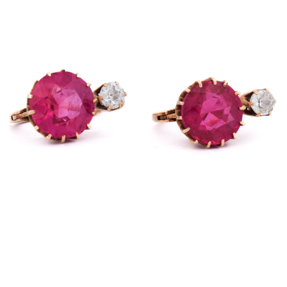 Boucles d’Oreilles Vintage en Or 18 Carats avec Rubis et Diamants Taille Ancienne