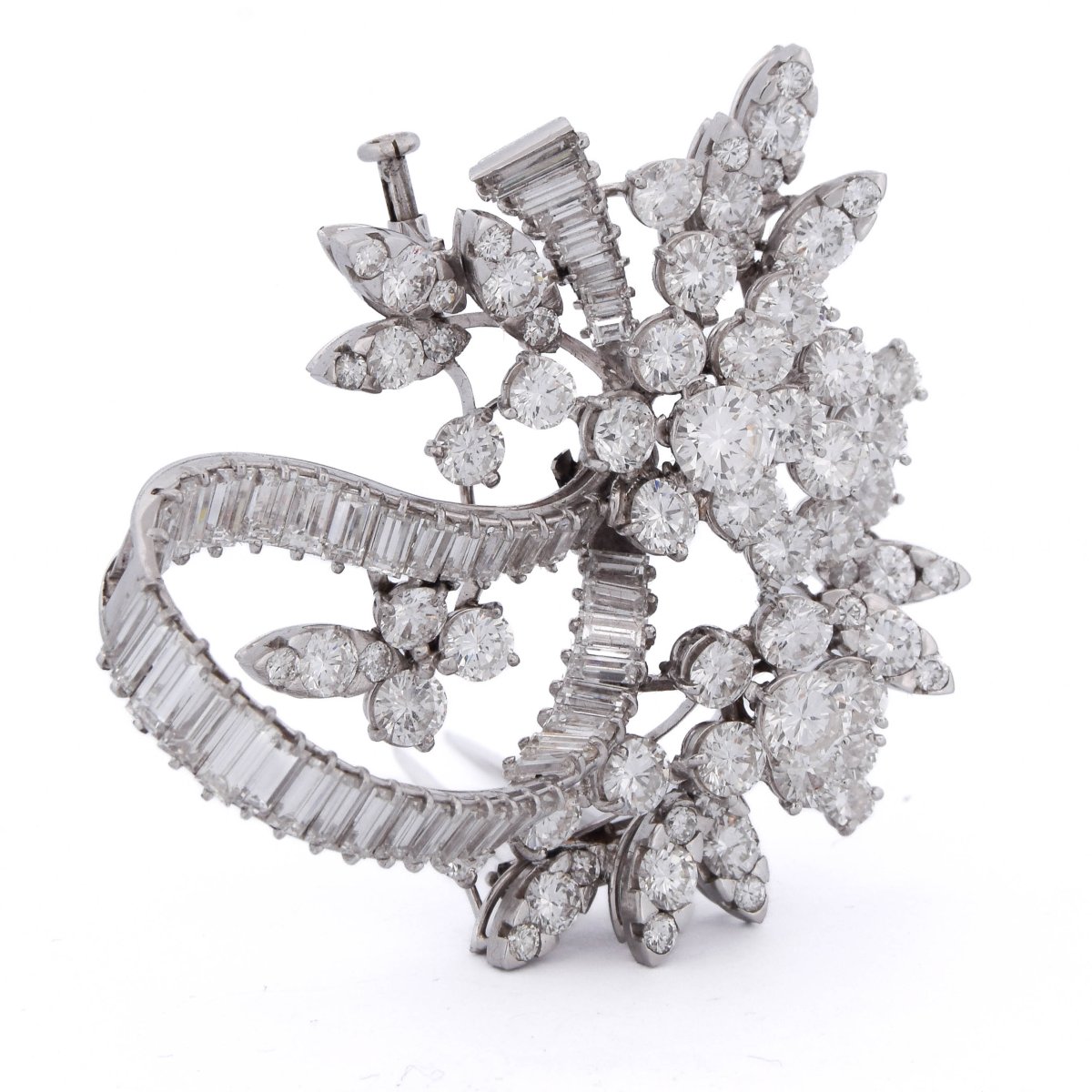 Broche Florale Vintage en Platine et Diamants, 11,50 Carats, Couleur F, Pureté VVS-photo-2