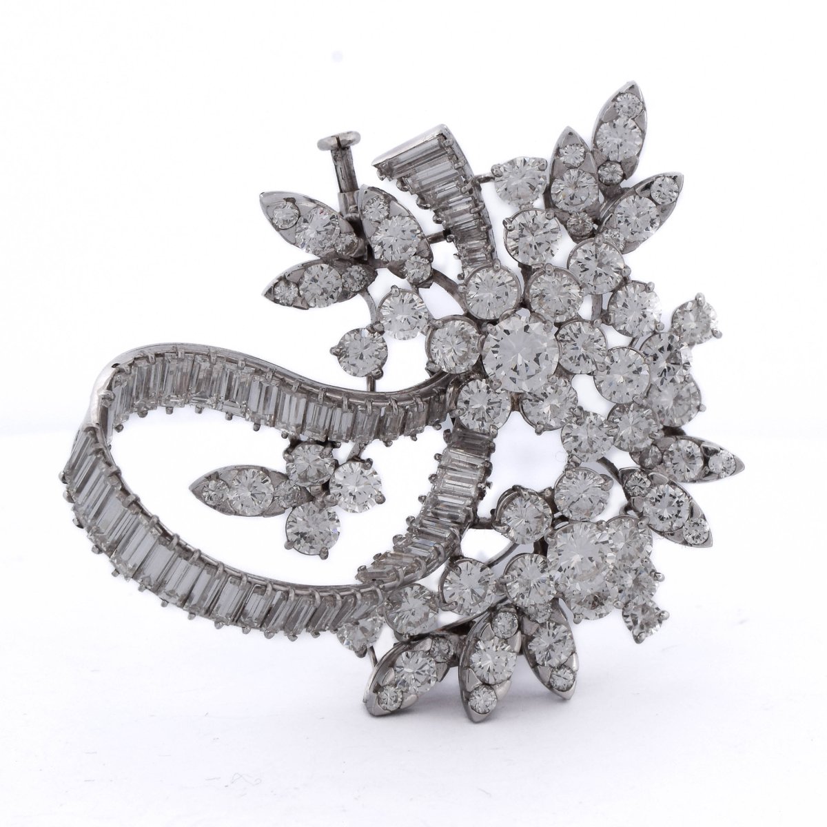 Broche Florale Vintage en Platine et Diamants, 11,50 Carats, Couleur F, Pureté VVS