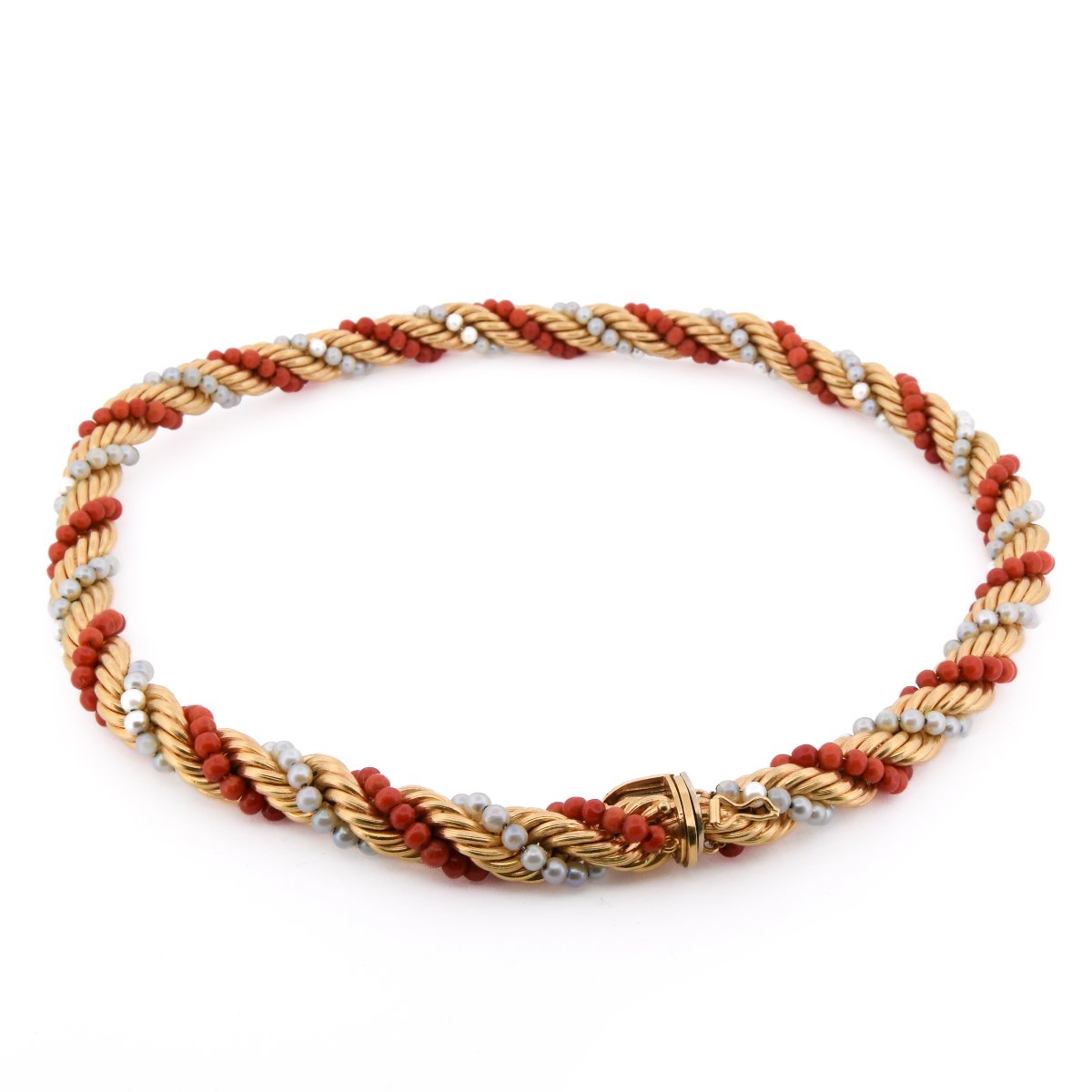 Parure Vintage Collier Et Bracelet En Or 18 Carats, Corail Naturel Et Perles Naturelles CL105-photo-4