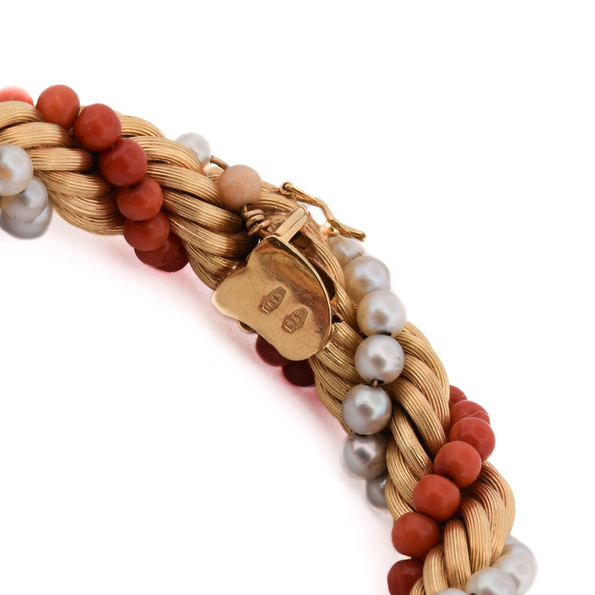 Parure Vintage Collier Et Bracelet En Or 18 Carats, Corail Naturel Et Perles Naturelles CL105-photo-3