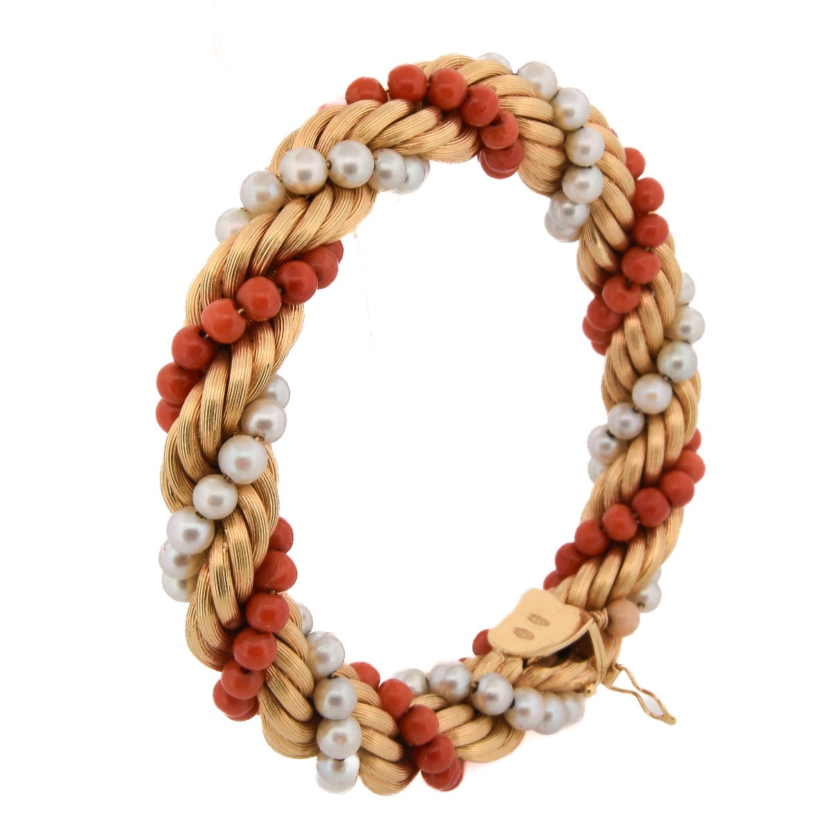 Parure Vintage Collier Et Bracelet En Or 18 Carats, Corail Naturel Et Perles Naturelles CL105-photo-6