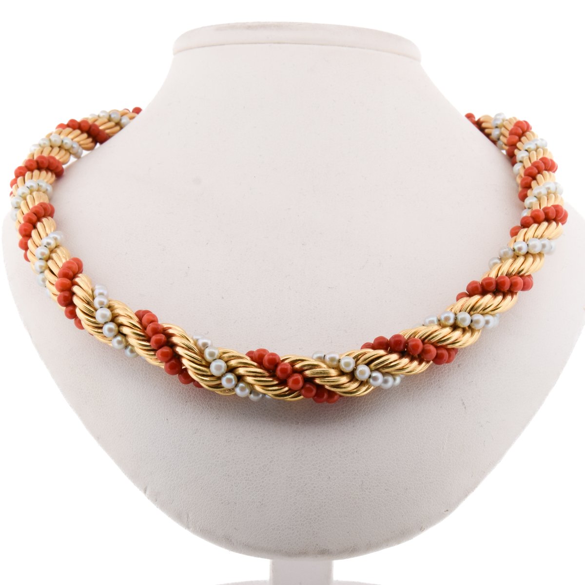 Parure Vintage Collier Et Bracelet En Or 18 Carats, Corail Naturel Et Perles Naturelles CL105