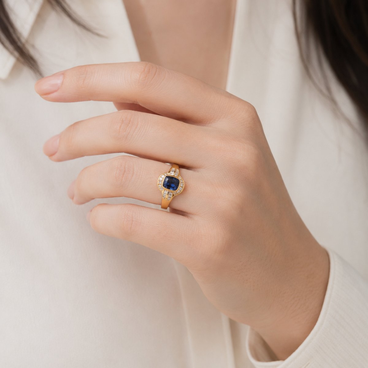 Bague En Or 18 Carats, Saphir Naturel Certifié 4,30 Ct Et Diamants Baguette 1,70 Ct  AN581-photo-2