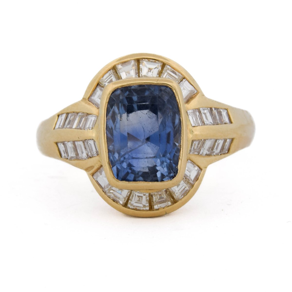 Bague En Or 18 Carats, Saphir Naturel Certifié 4,30 Ct Et Diamants Baguette 1,70 Ct  AN581
