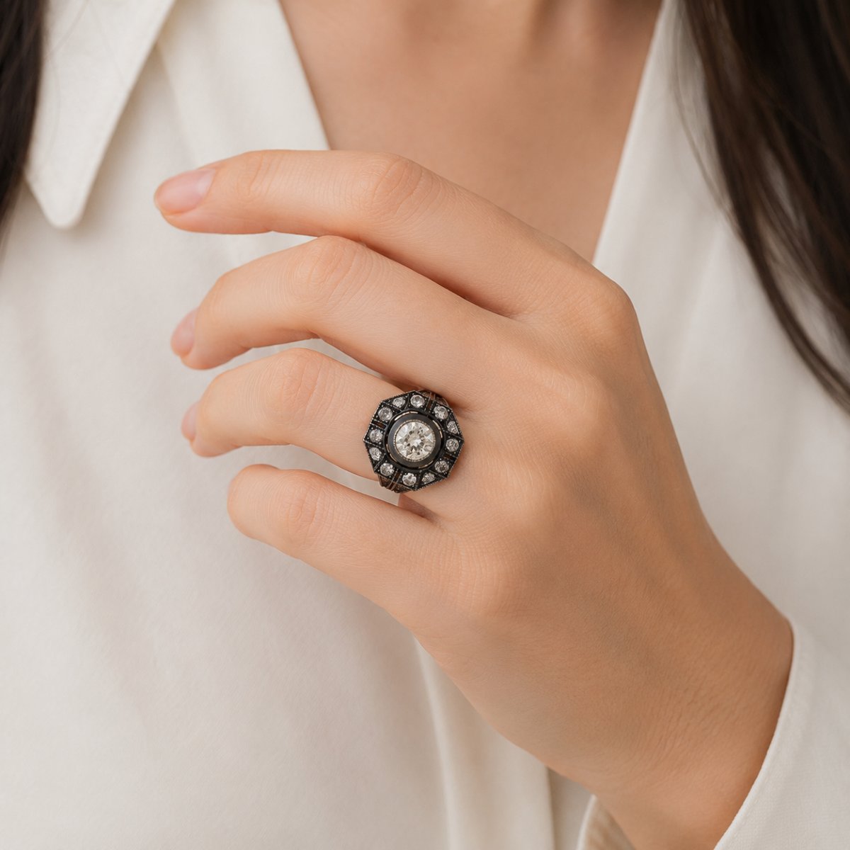 Victorian-style Ring In 12k Gold And 925 Silver With Diamonds, Approximately 2.30 Ct-photo-2