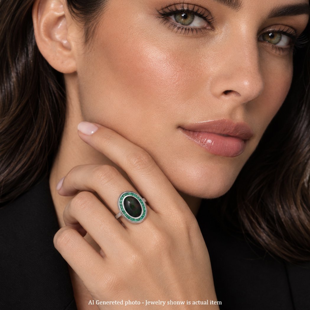 Bague en platine, opale cabochon de 10,40 ct et émeraudes de 4,50 ct-photo-2