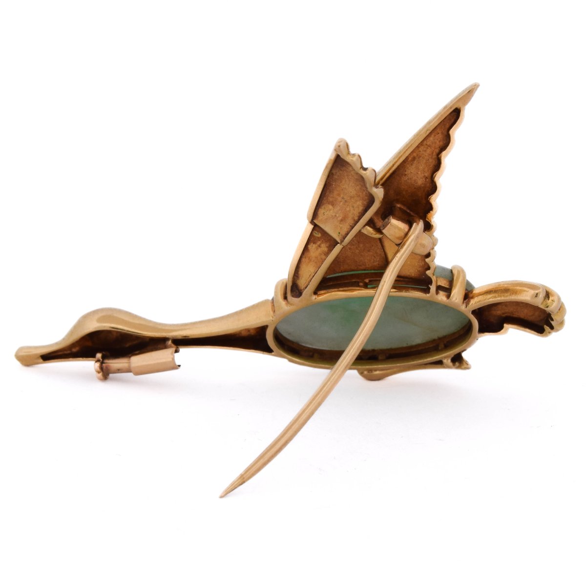 Broche oiseau en or 18 carats, jade naturel et rubis-photo-1