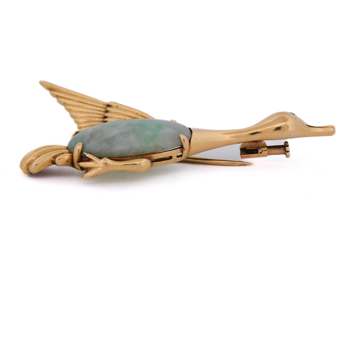 Broche oiseau en or 18 carats, jade naturel et rubis-photo-2