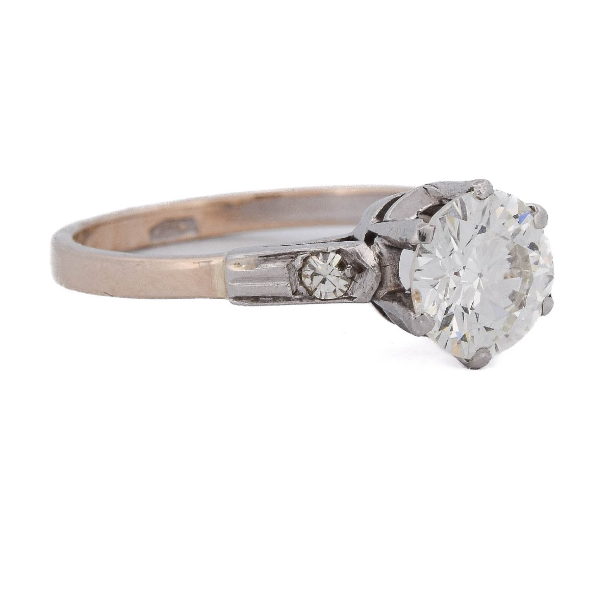 Bague des années 1940 en platine et or rose 18 carats, diamant taille ancienne de 1,50 ct-photo-3
