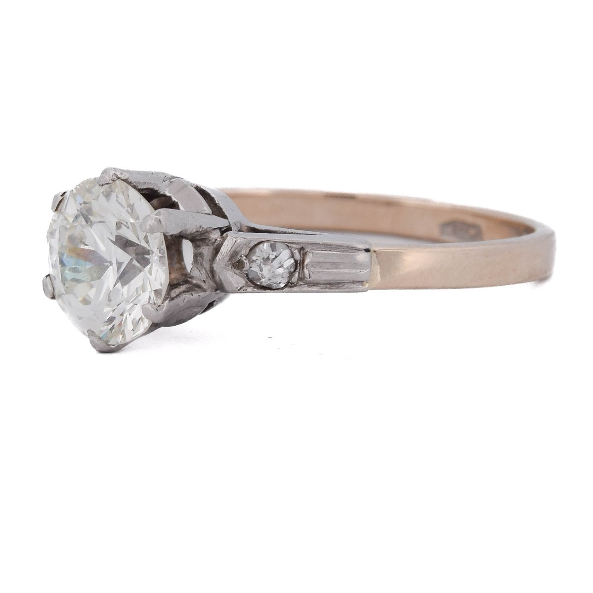 Bague des années 1940 en platine et or rose 18 carats, diamant taille ancienne de 1,50 ct-photo-3