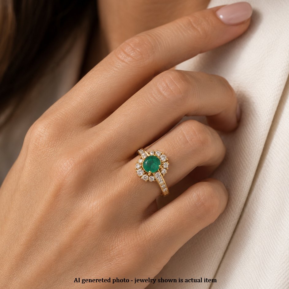 18-karat Yellow Gold Vintage Ring With A Cabochon Emerald And Diamonds-photo-2
