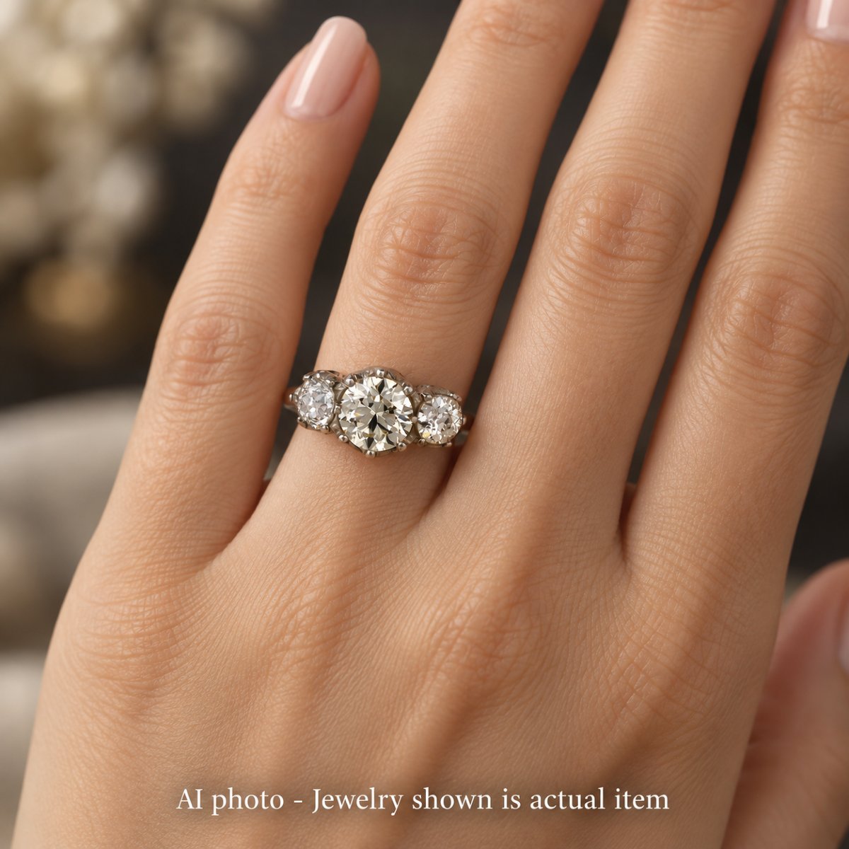 Bague vintage trois pierres en platine, or jaune 12 carats et diamants-photo-2