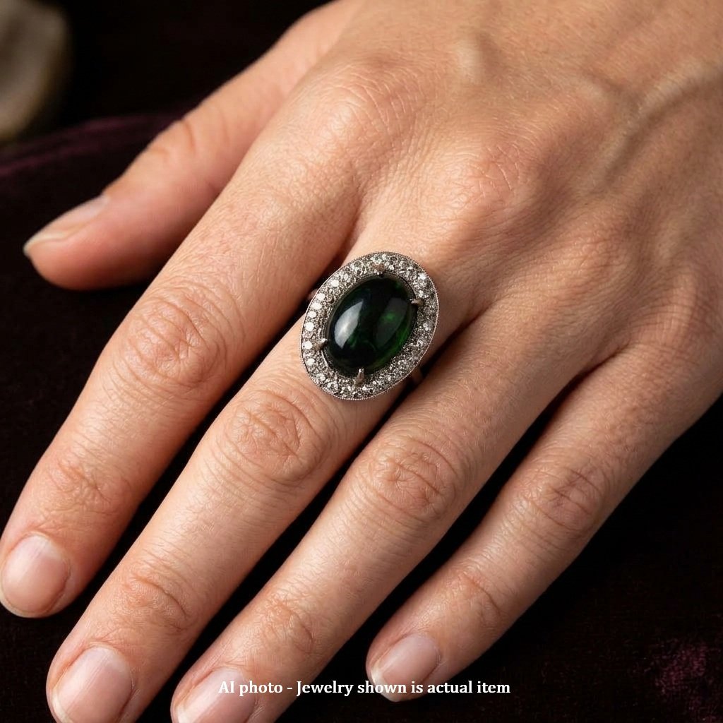 Bague Vintage en Or Blanc 18 Carats avec Opale Naturelle de 7,00 Ct et Diamants AN161-photo-2