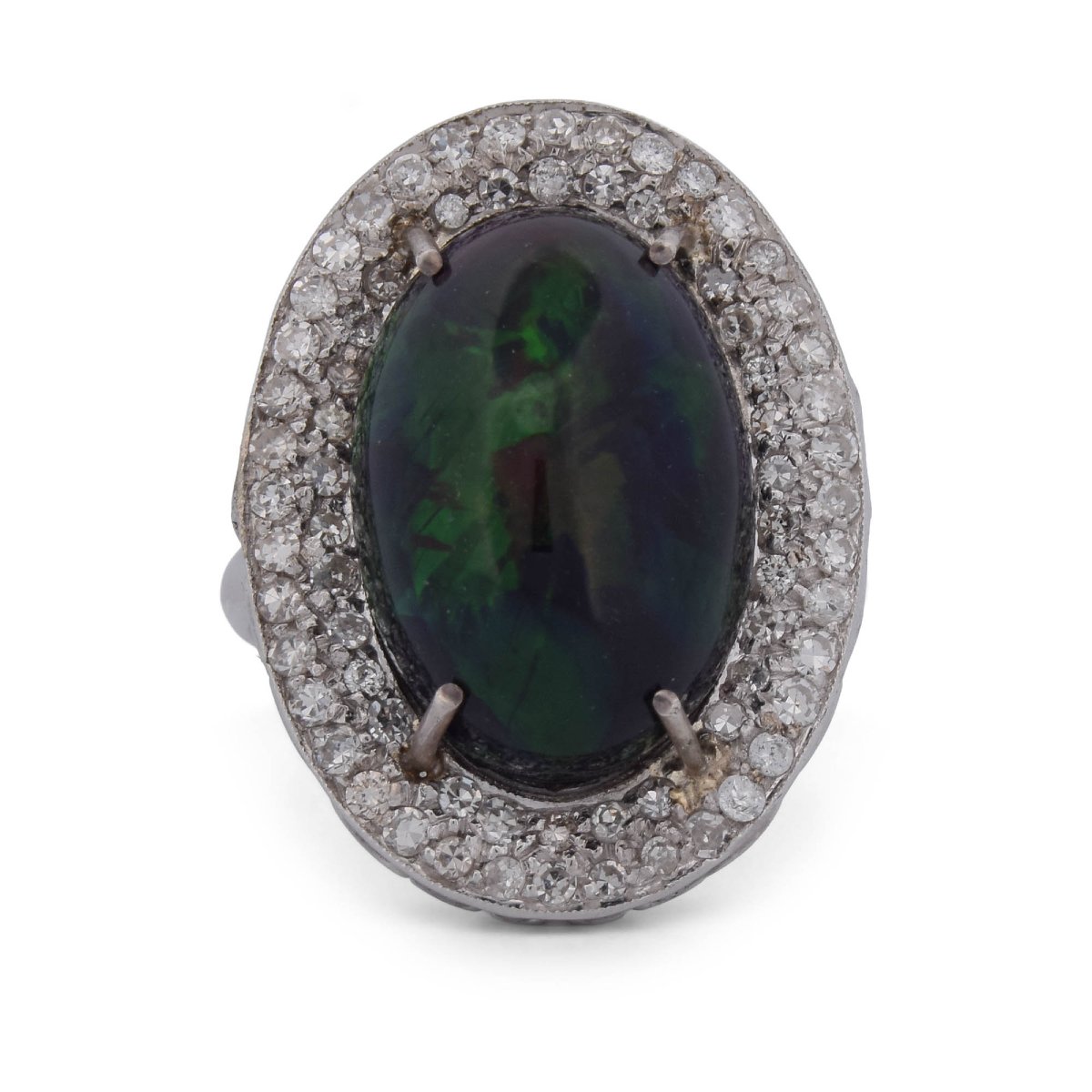 Bague Vintage en Or Blanc 18 Carats avec Opale Naturelle de 7,00 Ct et Diamants AN161