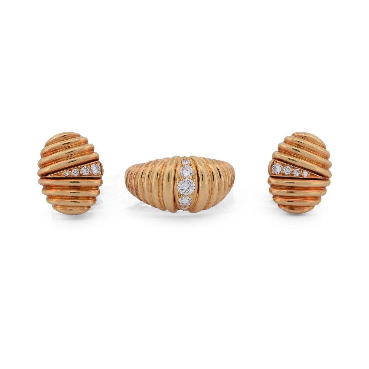 Vintage Set In 18-karat Yellow Gold And Diamonds, Including A Ring And Earrings    Pr2 ‘(00029)