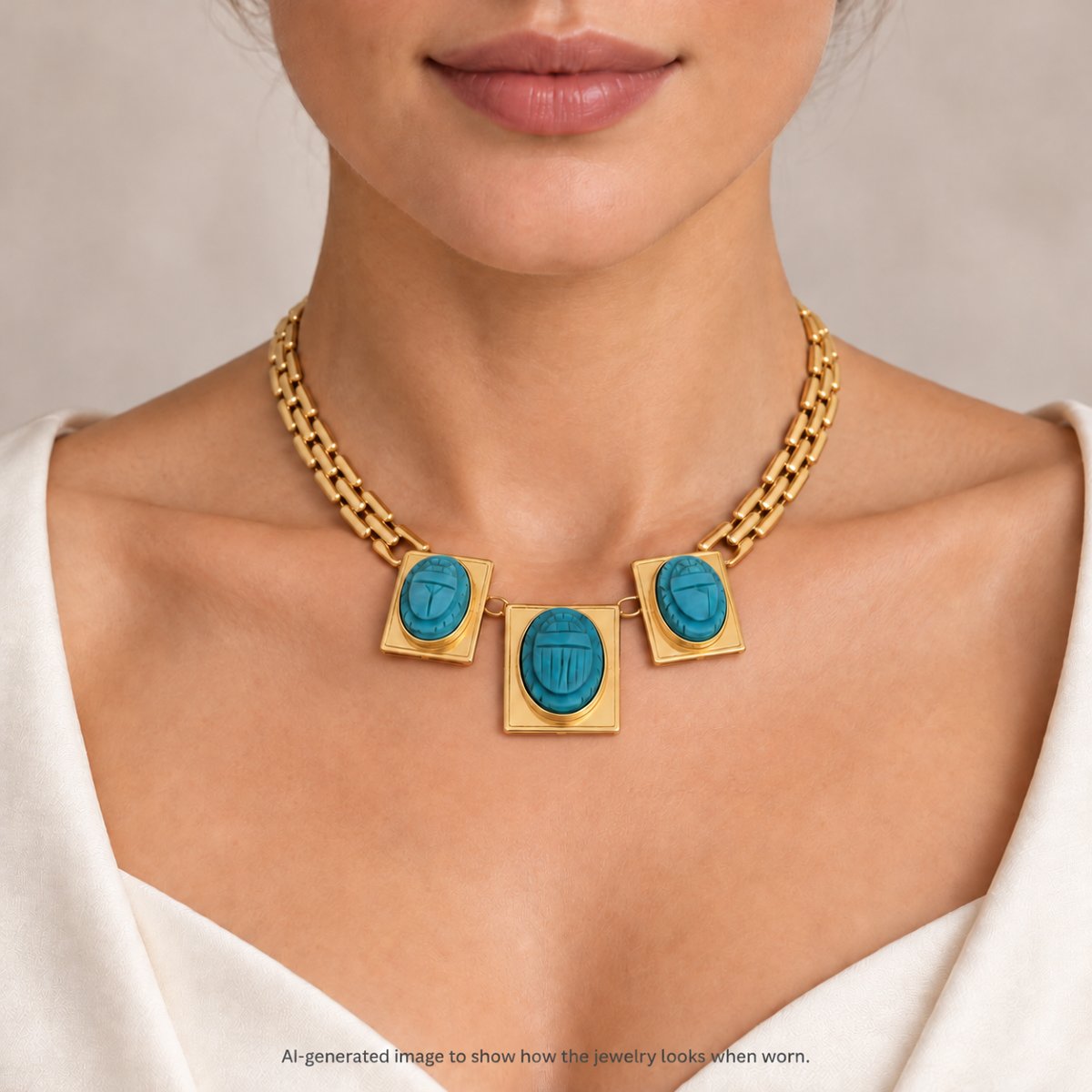 Vintage 18-karat Yellow Gold Necklace With Natural Turquoise Stones Carved Into The Shape Of Scarab Beetles-photo-2