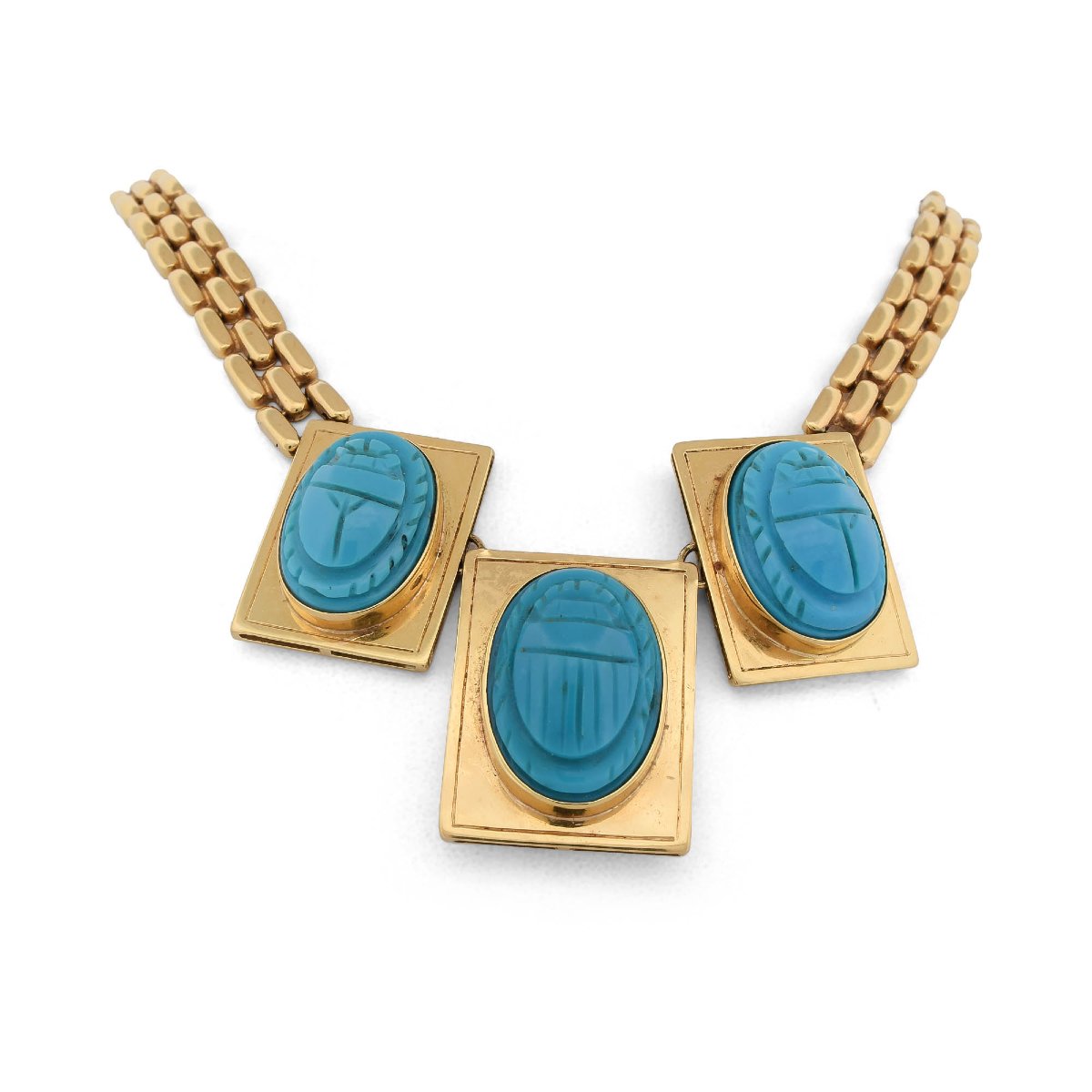 Vintage 18-karat Yellow Gold Necklace With Natural Turquoise Stones Carved Into The Shape Of Scarab Beetles-photo-3