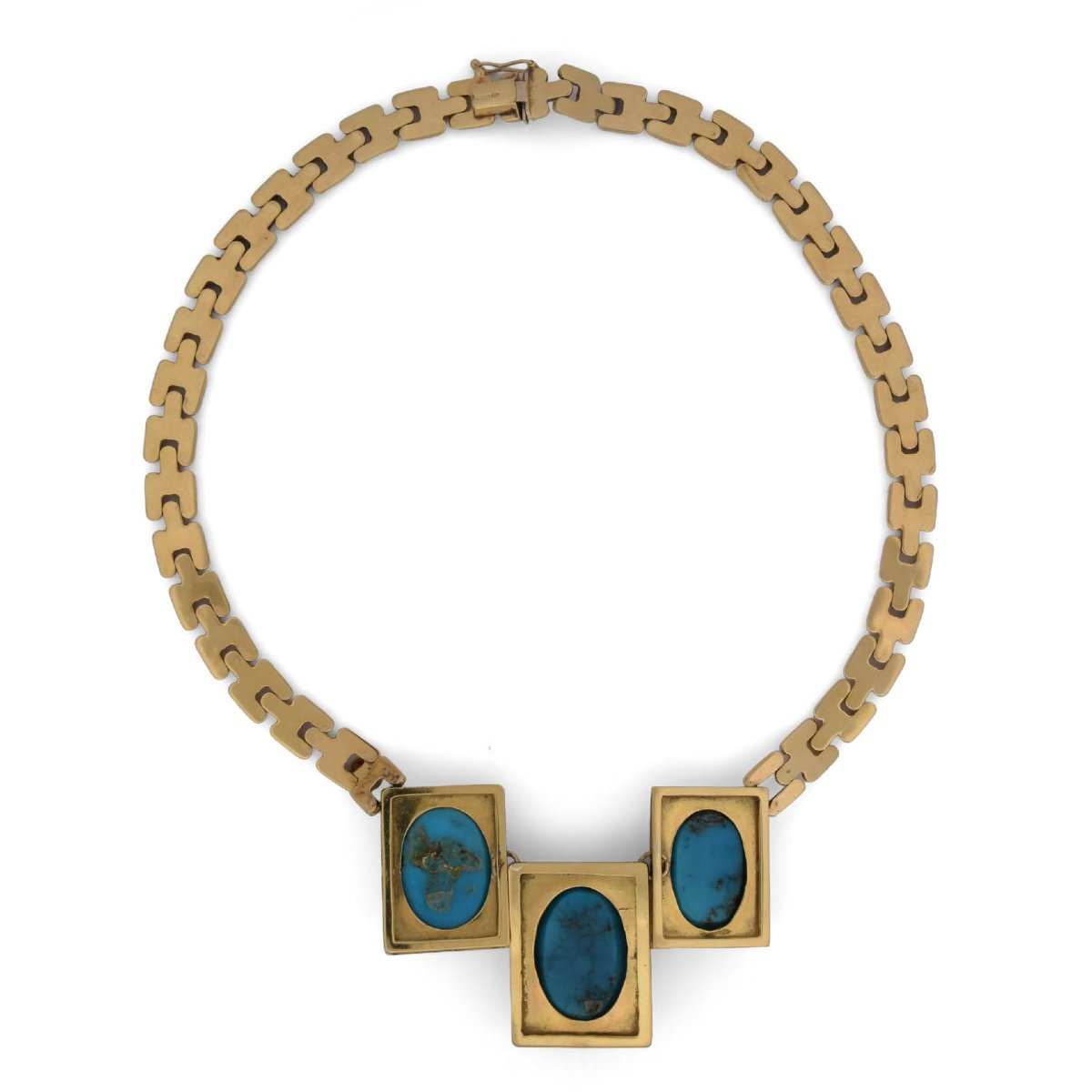 Vintage 18-karat Yellow Gold Necklace With Natural Turquoise Stones Carved Into The Shape Of Scarab Beetles-photo-4