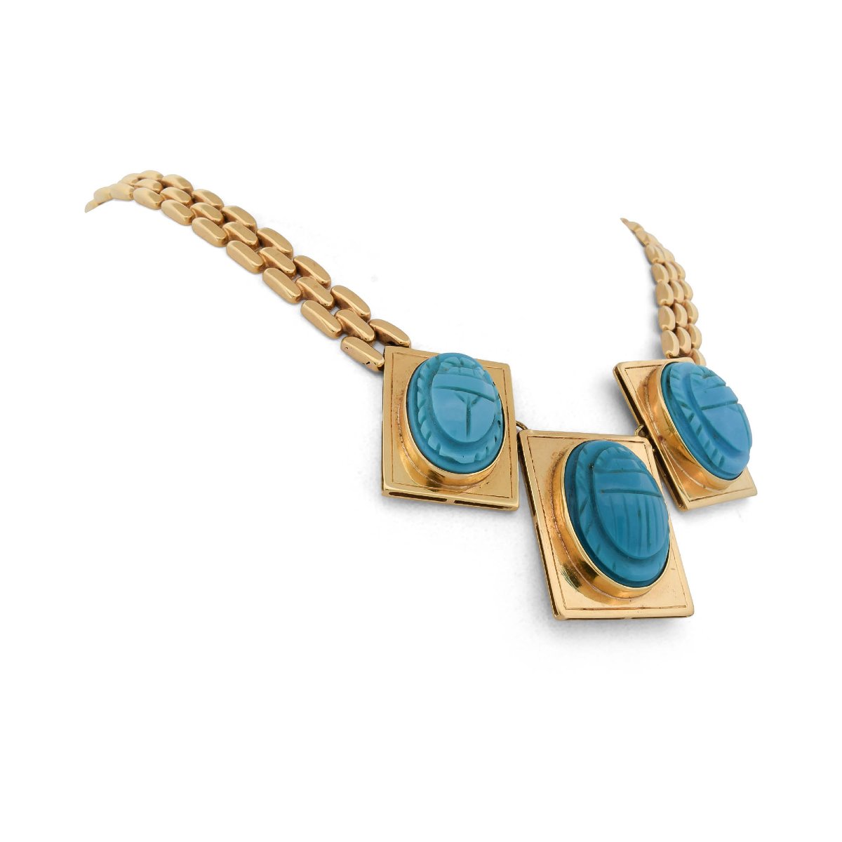 Vintage 18-karat Yellow Gold Necklace With Natural Turquoise Stones Carved Into The Shape Of Scarab Beetles-photo-1