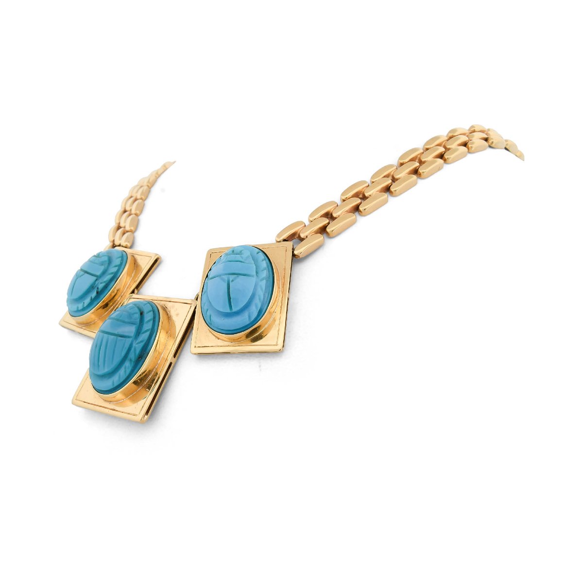 Vintage 18-karat Yellow Gold Necklace With Natural Turquoise Stones Carved Into The Shape Of Scarab Beetles-photo-2