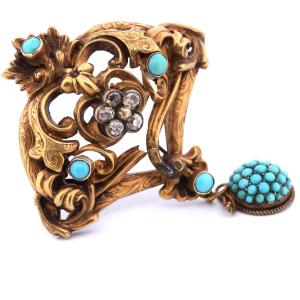Broche Ancienne en Or 14 Carats, Turquoises et Diamants Taille Old Mine