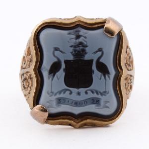 19th-century Scottish Chevalier Ring, 18k Gold, Montrose Coat Of Arms, Sardonyx Carvin  An640 