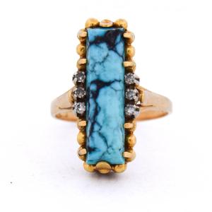 Bague Vintage En Or Jaune 18 Carats, Turquoise Naturelle Et Diamants