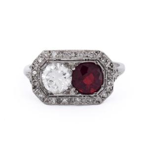 Art Deco Ring In 950 Platinum With A Ruby And Diamonds   An606 (00539)