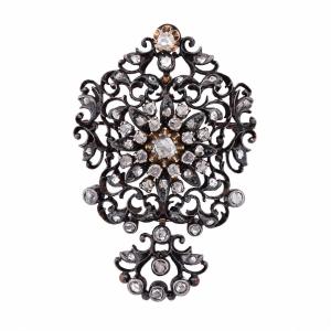 Broche-Pendentif Victorienne en Or 12 Carats, Argent et Diamants Taille Rose  SP80