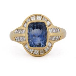 Bague En Or 18 Carats, Saphir Naturel Certifié 4,30 Ct Et Diamants Baguette 1,70 Ct AN581