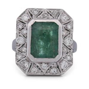 Bague Art Déco en Or Blanc 18 Carats, Émeraude de 4,50 ct et Diamants AN131 (00219)