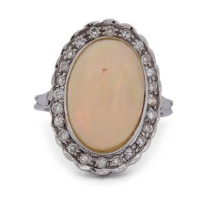 Bague Vintage en Or Blanc 18 Carats, Opale Naturelle de 7,00 ct et Diamants AN218 (0569)
