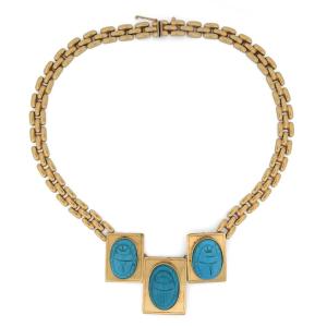 Collier vintage en or jaune 18 carats et turquoises naturelles sculptées en scarabées CL69 128