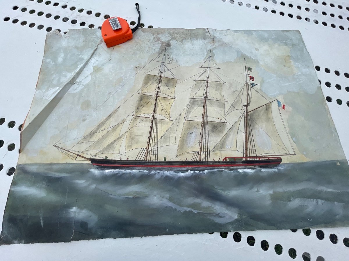 Gouache Watercolor Of A Schooner